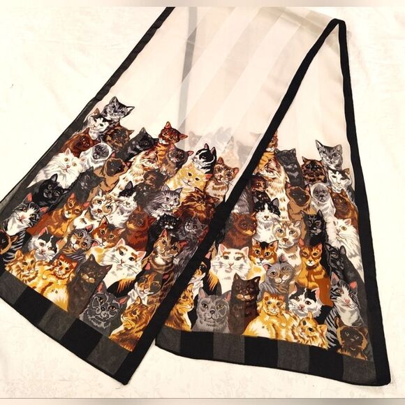 Cat Pattern Long Silk Scarf Kitty Cats Vintage - Picture 1 of 10